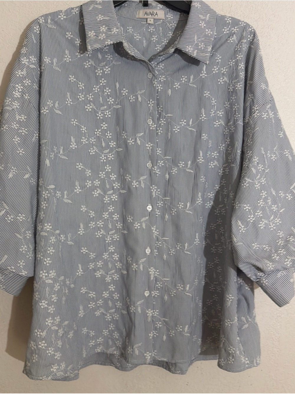 Avara striped floral embroidered button-down, blouse. Voluminous cuff sleeves